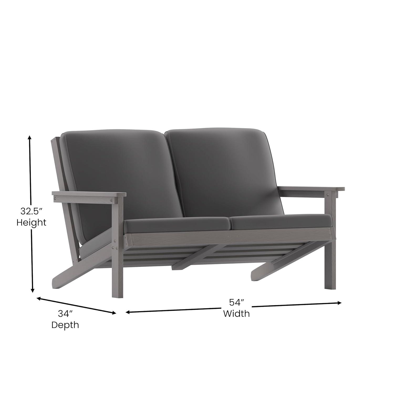Flash Furniture Charlestown All-Weather Poly Resin Wood Adirondack Style Deep Seat Patio Loveseat with Cushions, Gray/Gray
