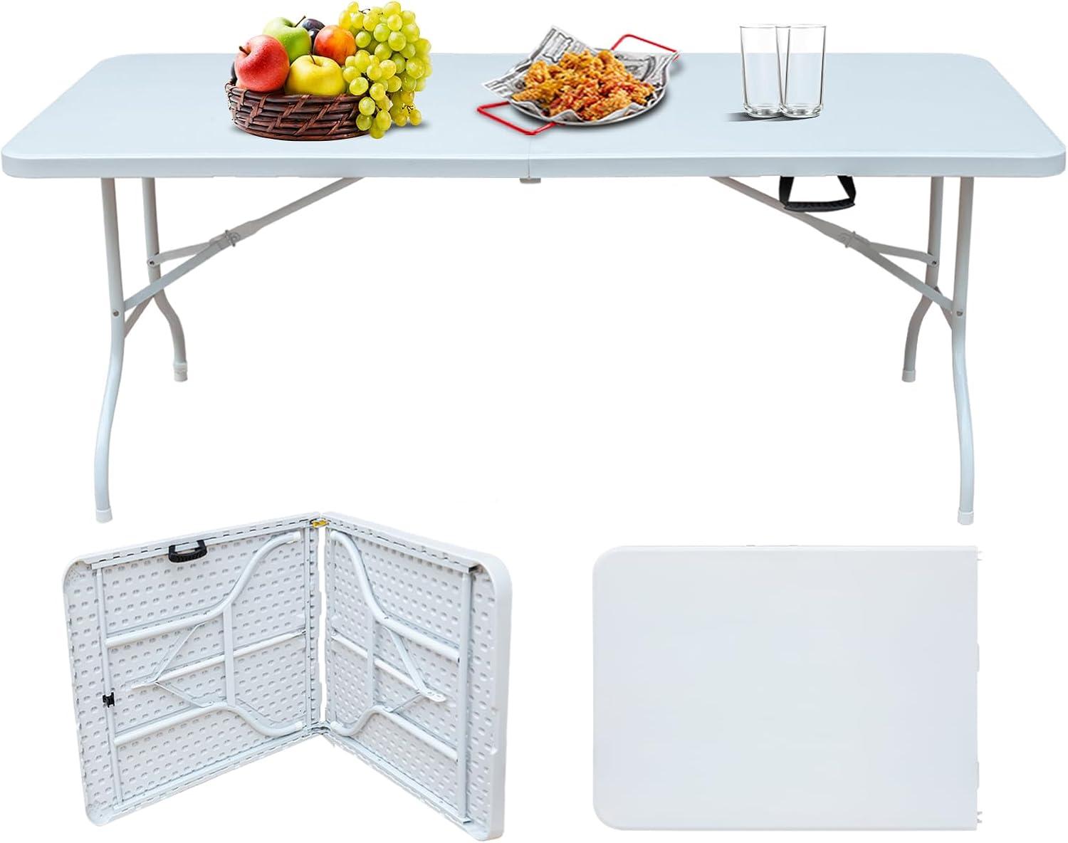 6FT Placstic Folding Camping Table, Indoor Outdoor Heavy Duty Portable Table with Carrying Handle for Dining Picnic Party, Easy to Clean, White