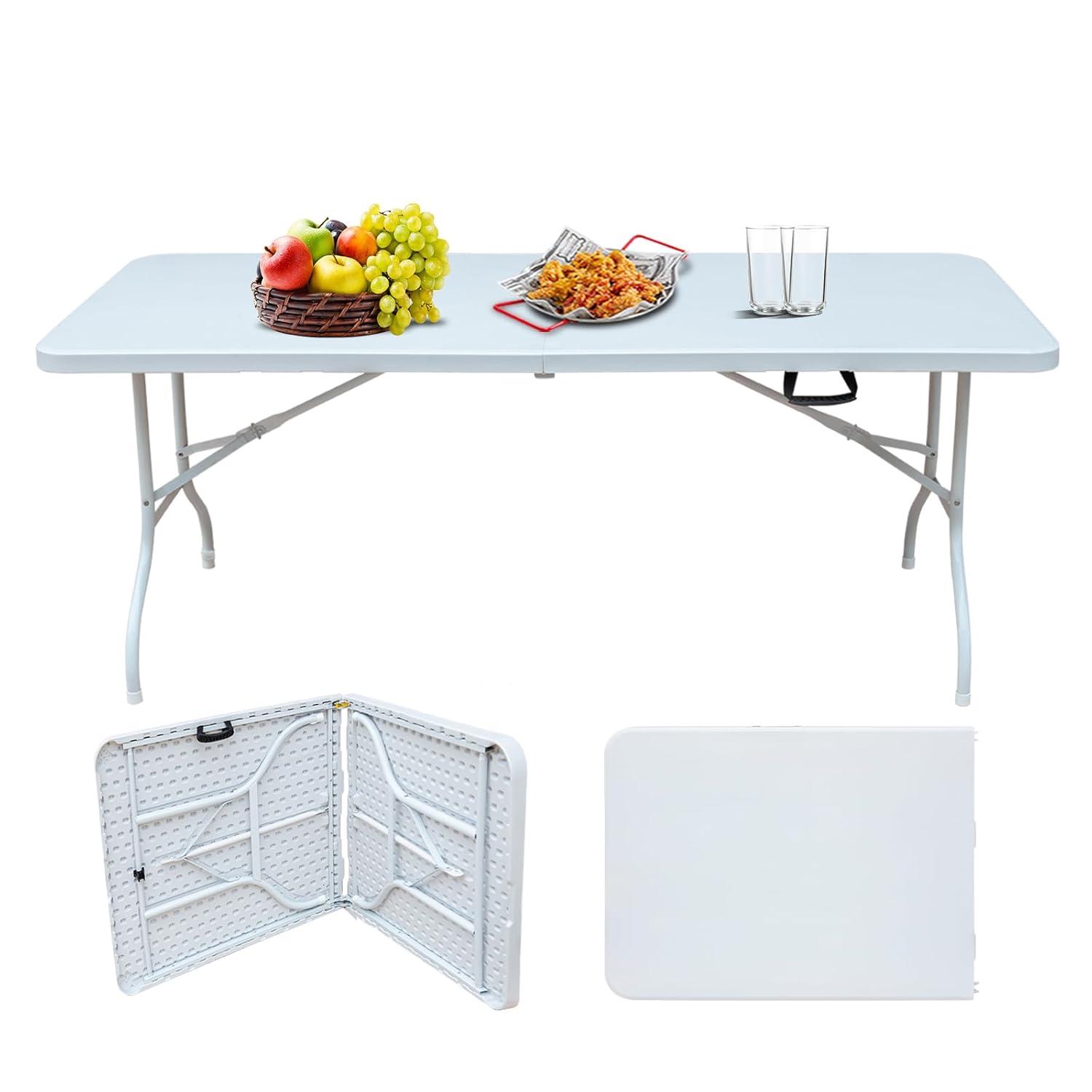 6FT Placstic Folding Camping Table, Indoor Outdoor Heavy Duty Portable Table with Carrying Handle for Dining Picnic Party, Easy to Clean, White