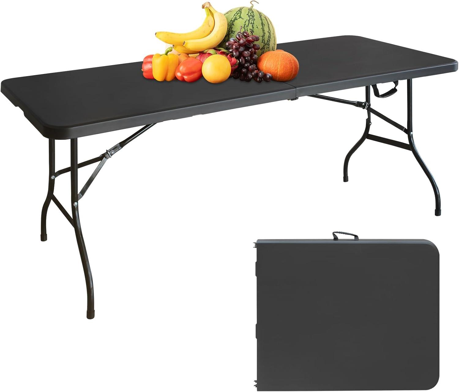 6ft Folding Table, Portable Plastic Table for Camping, Picnics, Parties, High Load Bearing Foldable Table Black