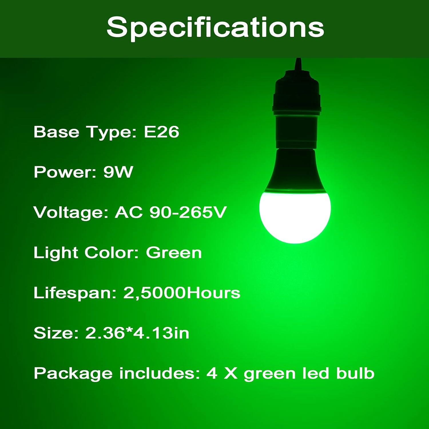 EDISHINE Green LED Light Bulbs for Holiday Party Decoration, A19 9W LED Bulbs 60W Equivalent E26 Base 4 Pack, ETL Listed