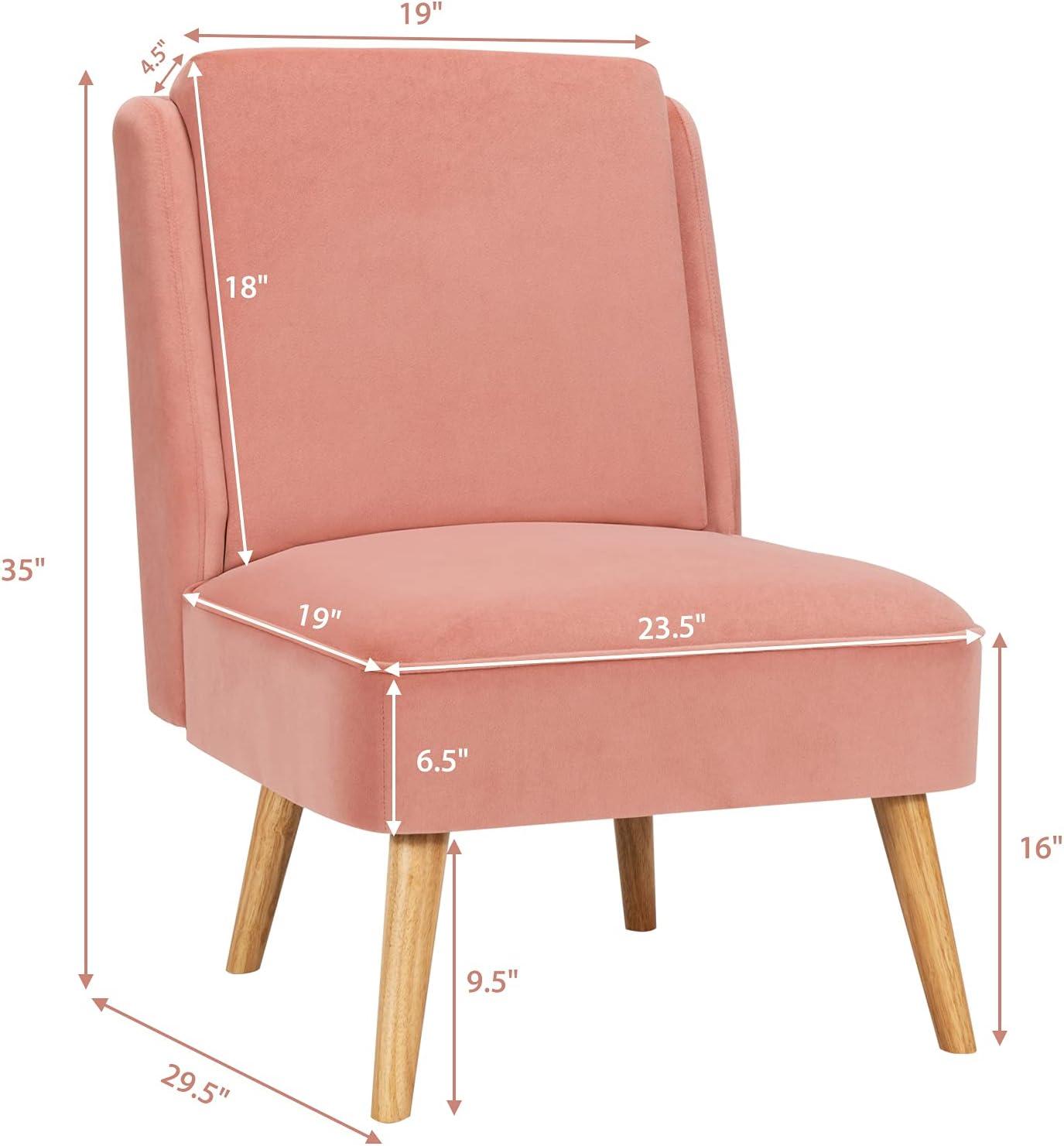 Pink Velvet Armless Accent Chair with Wood Legs