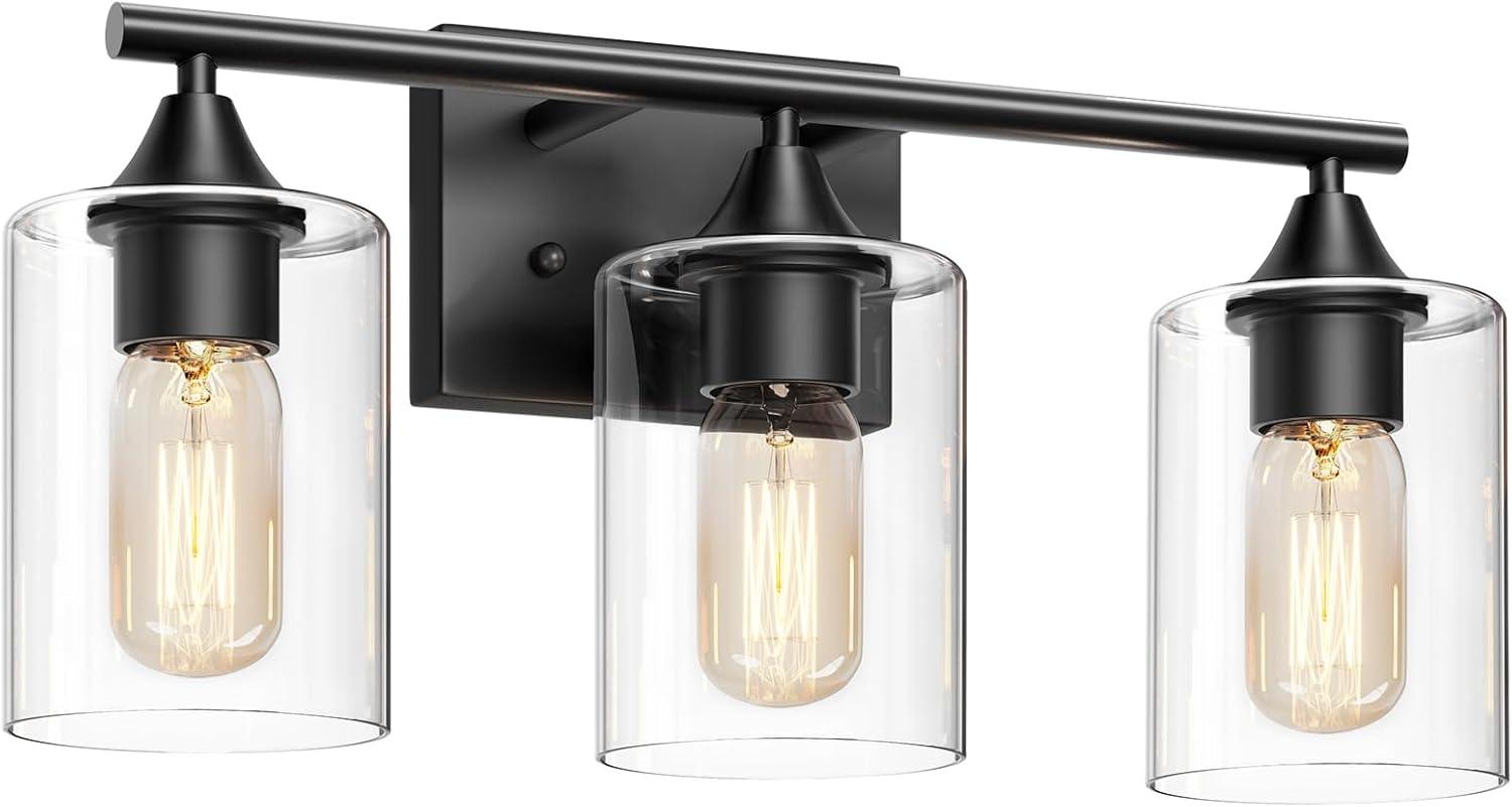 3-Light Bathroom Light Fixtures Bathroom Vanity Lights with Clear Glass Shades Matte Black Bathroom Light Fixtures over mirror for Mirror Living Room Cabinet Bedroom Porch