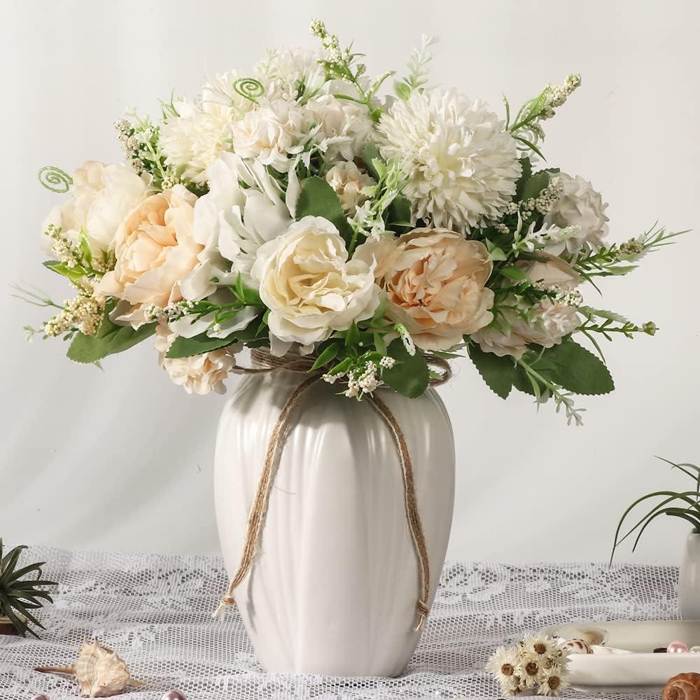 Elegant White and Beige Peony Hydrangea Ceramic Vase Arrangement