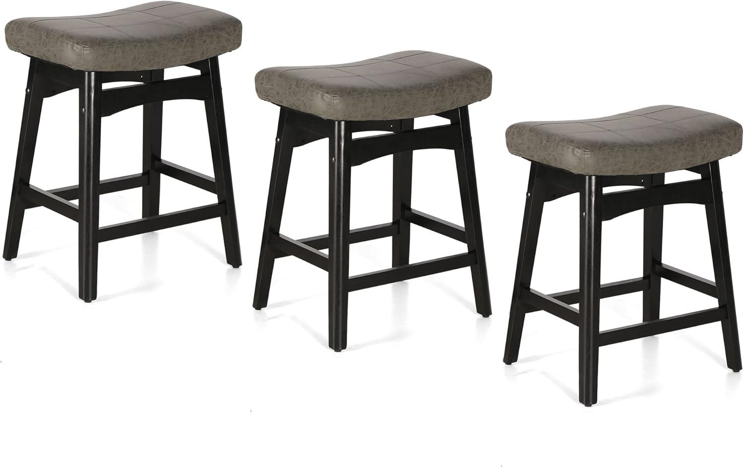 Feather Gray Faux Leather Saddle Bar Stools with Black Metal Legs, Set of 3