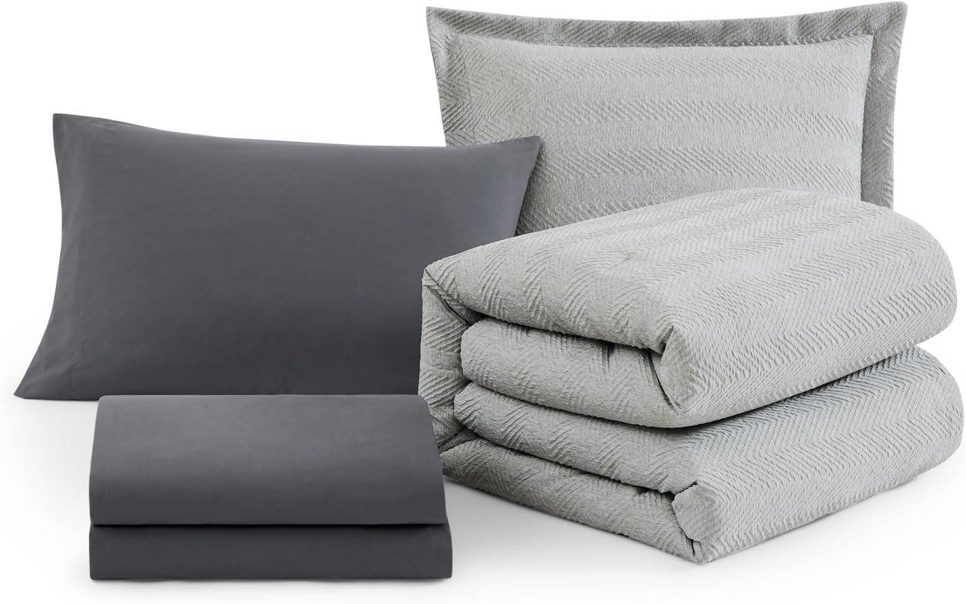 Geniospin Queen Comforter Set, Bed in A Bag 7-Pieces, Light Grey Textured All Season Comfortable Bedding Sets with Comforter, Sheets, Pillowcases & Shams (Light Grey, 90"x90")