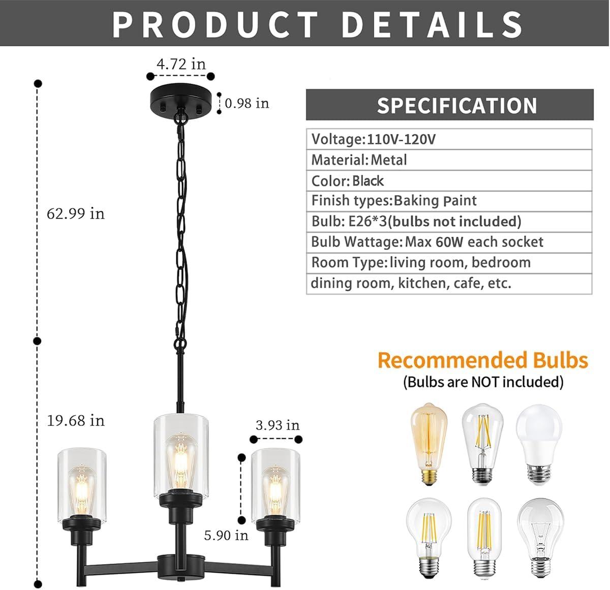 Black Chandelier for Dinning Room Living Room Island Kitchen Chandelier Light Fixtures Over Table, 3 Light Farmhouse Chandelier with Cylinder Clear Glass, Height Adjustable