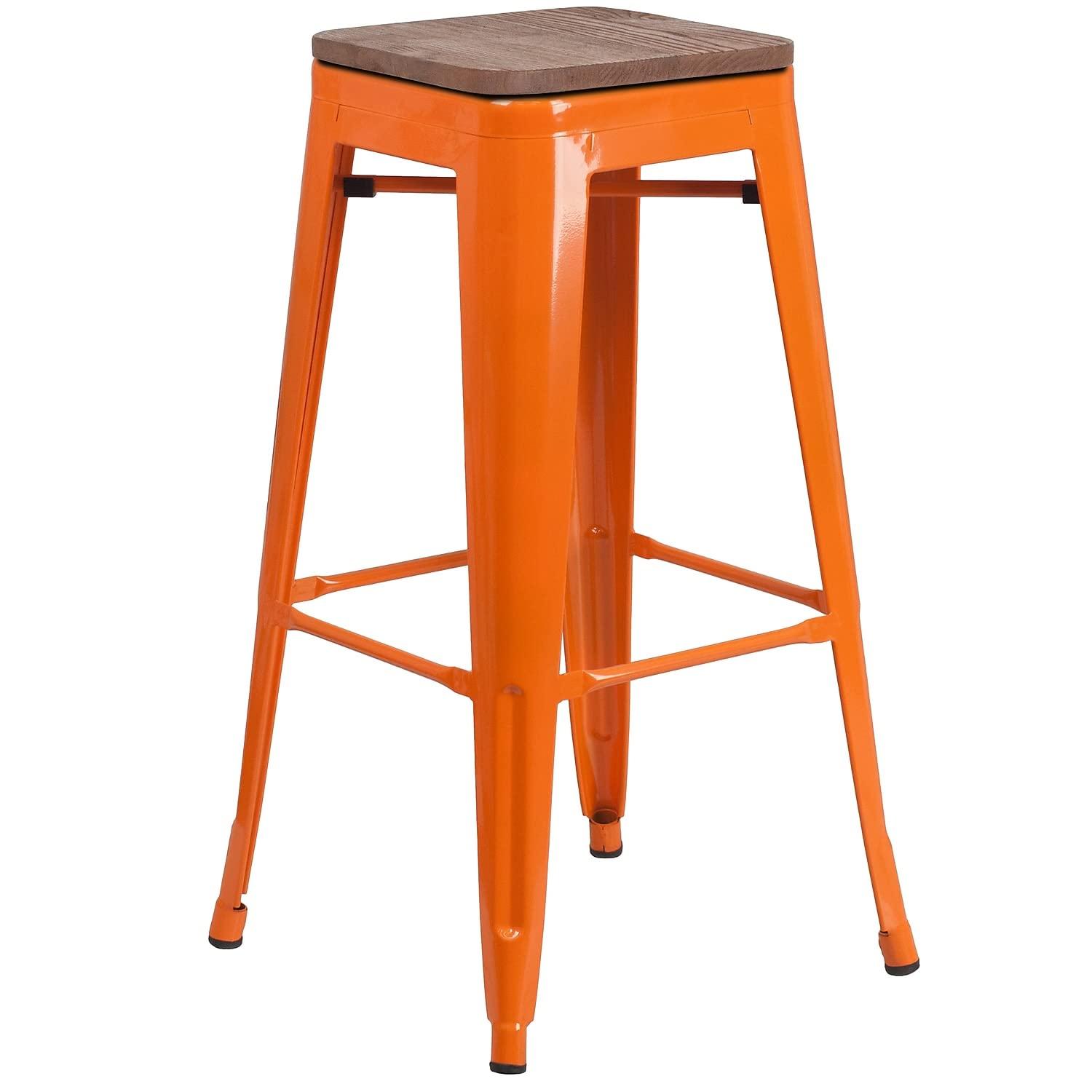 Flash Furniture Margherite 30" High Backless Metal Barstool with Square Wood Seat