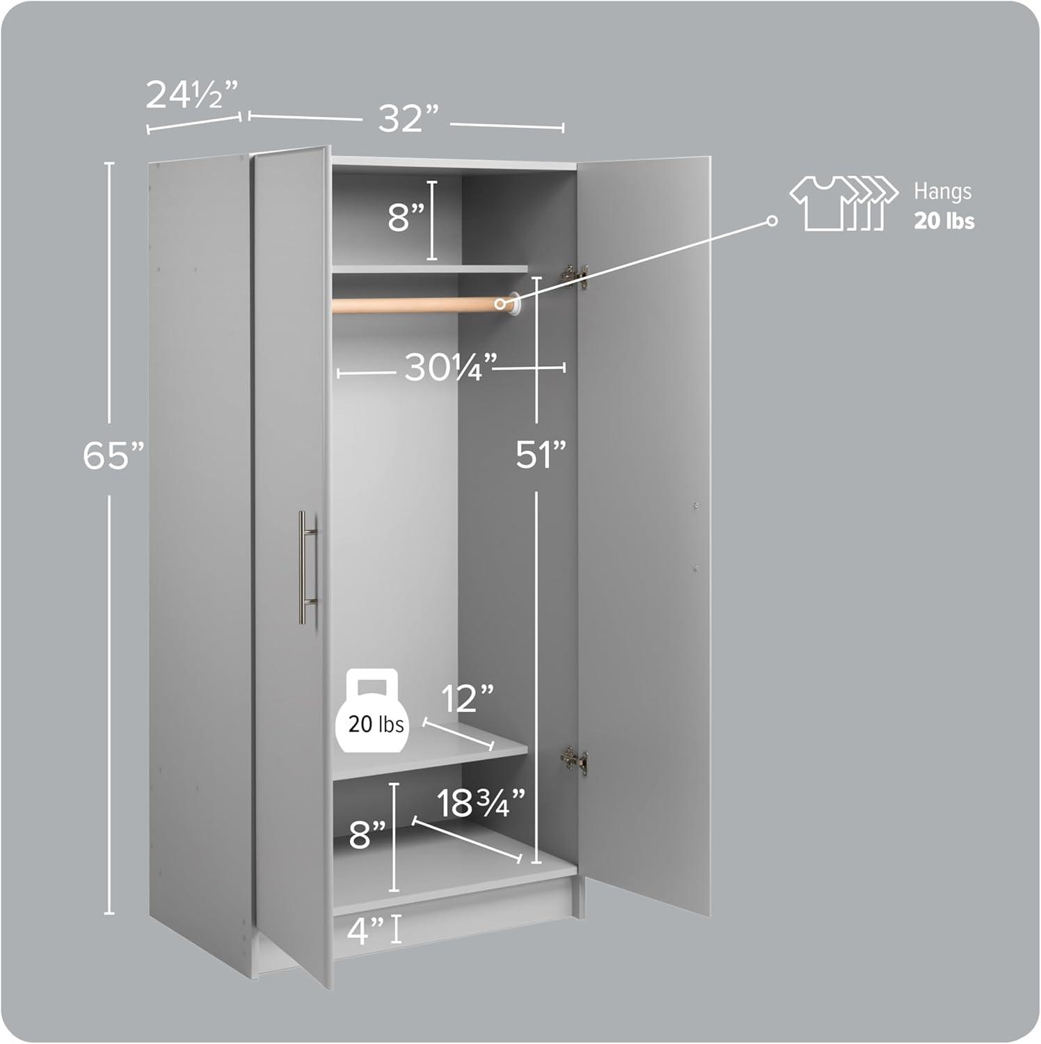 Prepac Elite 2-Door Freestanding Wardrobe Cabinet, 20" D x 32" W x 65" H, Light Gray