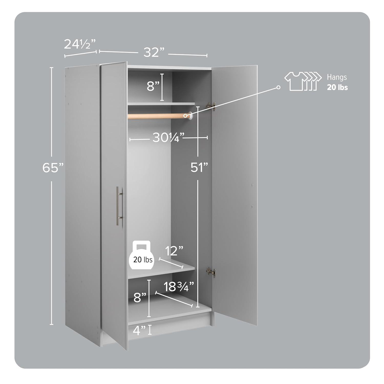 Prepac Elite 2-Door Freestanding Wardrobe Cabinet, 20" D x 32" W x 65" H, Light Gray