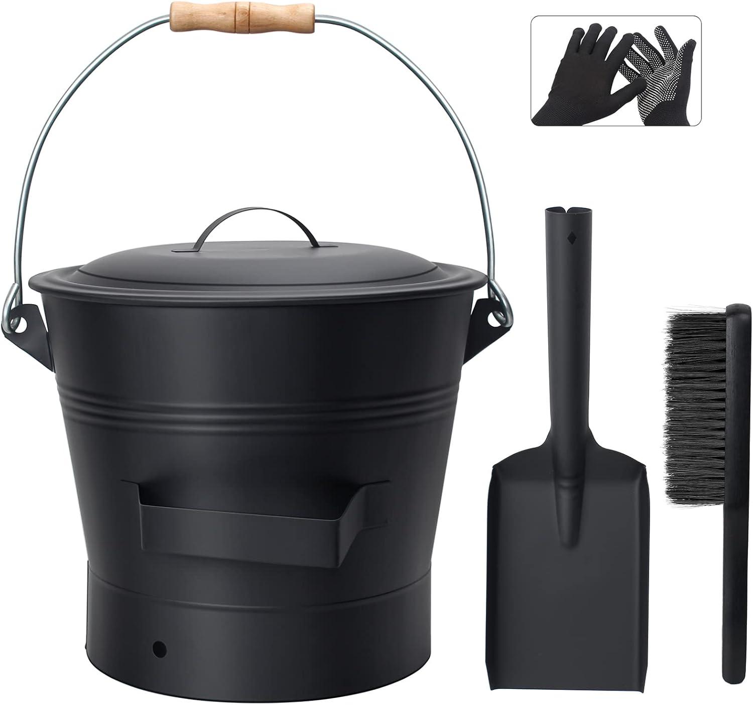 Ash Bucket With Lid, 2.6 Gallon Fireplace Ash Bucket With Shovel And Hand Broom, Metal Bucket For Fireplace, Fire Pit, Wood Burning Stove