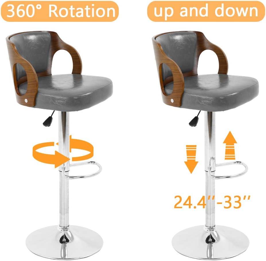 YRLLENSDAN Counter Height Adjustable Bar Stools Set of 2 with Back and Footrest Cushioned High Bar Chairs Set of 2 Leather Upholstered Kitchen Island Chairs with Metal Base,Gray