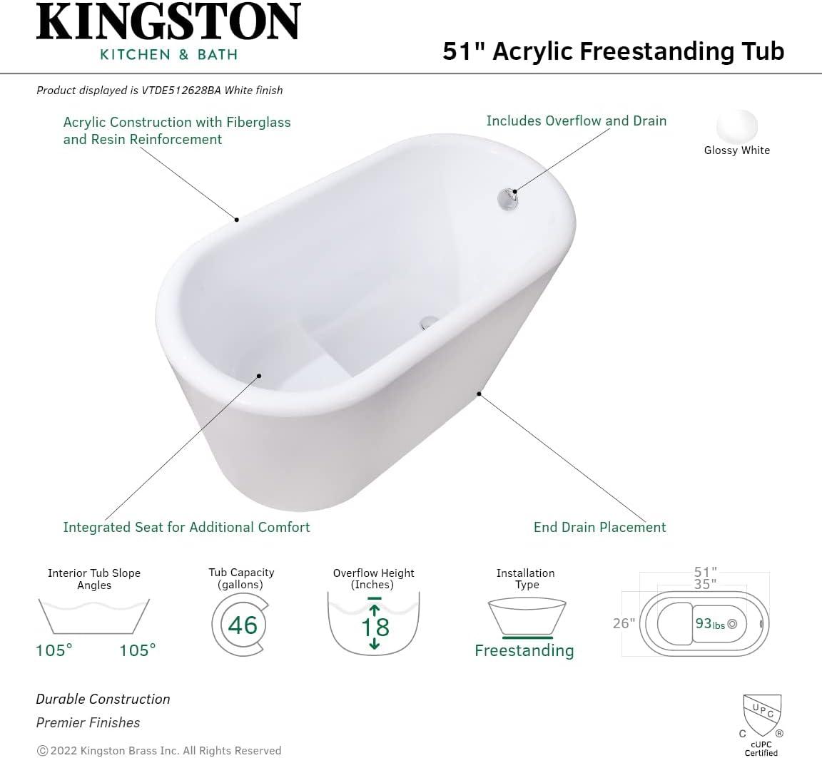 Kingston Brass Aqua Eden 51-Inch Acrylic Oval Double Ended Freestanding Tub with Drain and Integrated Seat