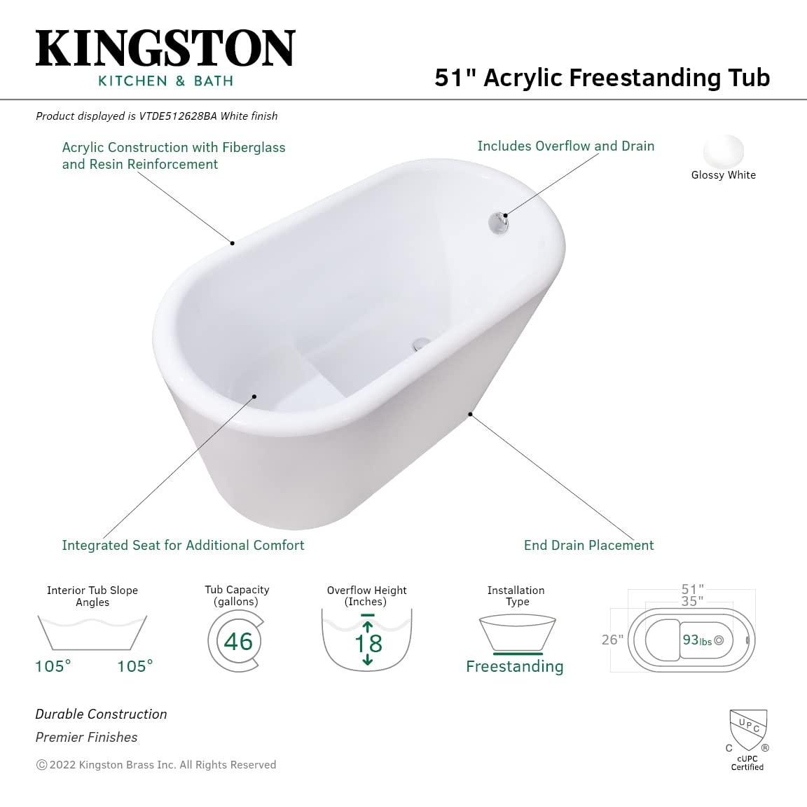 Kingston Brass Aqua Eden 51-Inch Acrylic Oval Double Ended Freestanding Tub with Drain and Integrated Seat