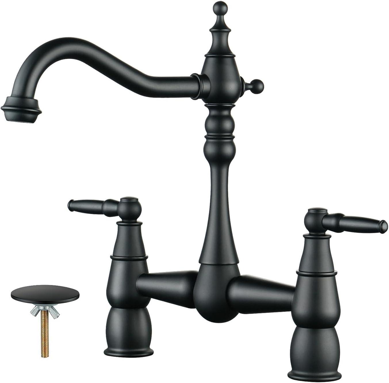 Matte Black Double Handle Bridge Kitchen Faucet with Swivel Spout