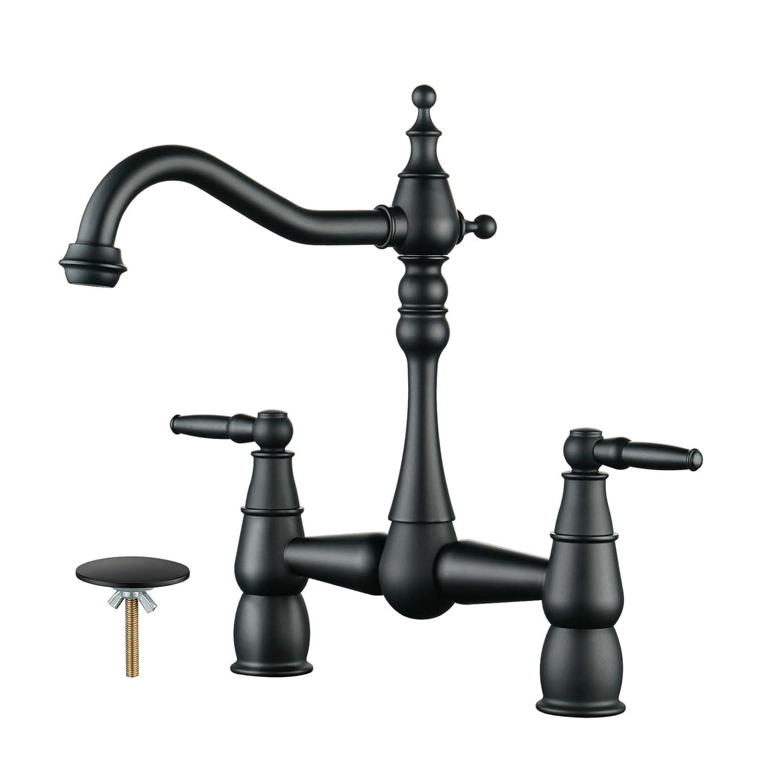 Double Handle Bridge Kitchen Faucet with Sink Hole Cover in Matte Black