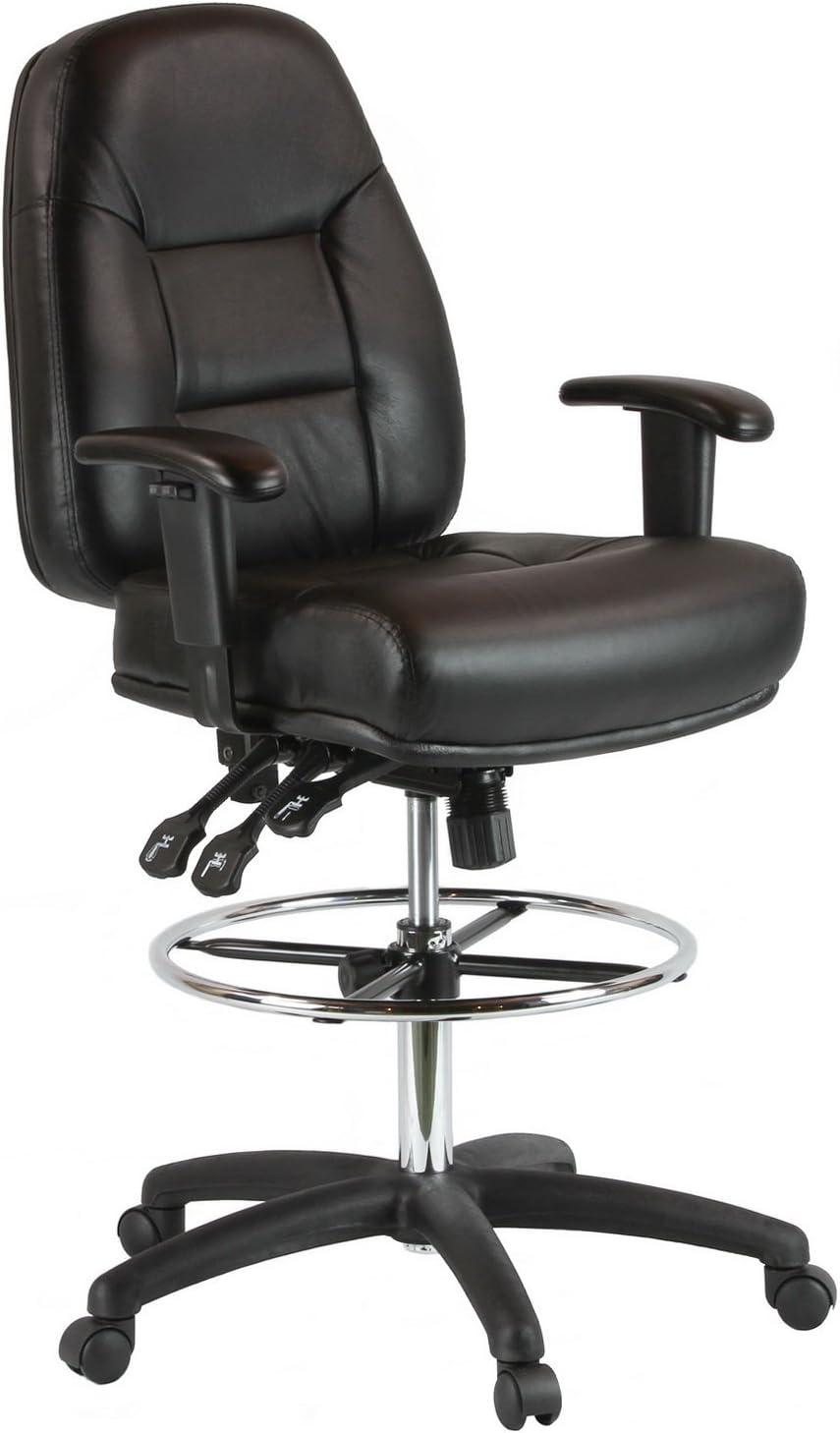 Adjustable Black Leather Drafting Chair with Swivel and Tilt