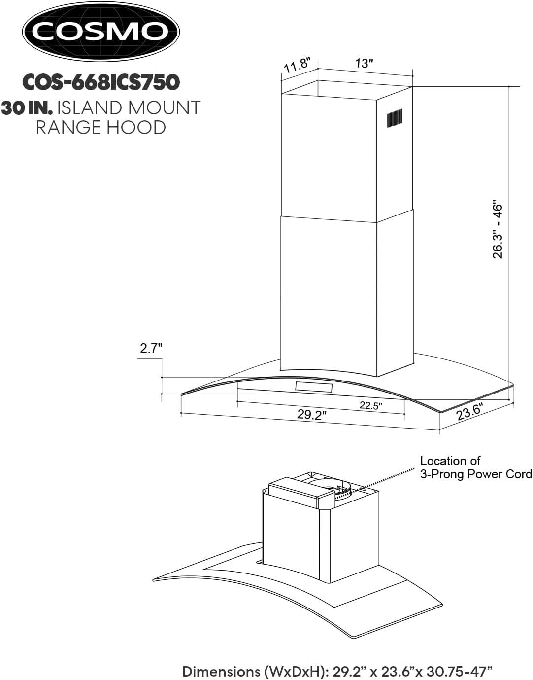 Cosmo 30 in. Ducted Island Range Hood in Stainless Steel with LED Lighting and Permanent Filters