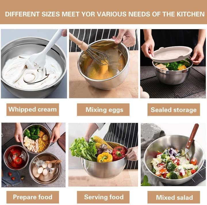 Mixing Bowls with Airtight Lids, 20 piece Stainless Steel Metal Nesting Bowls, Non-Slip Silicone Bottom, Size 7, 3.5, 2.5, 2.0,1.5, 1,0.67QT Great for Mixing, Baking, Serving (Khaki)