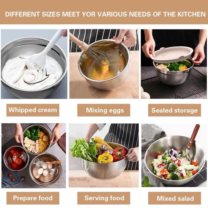 Mixing Bowls with Airtight Lids, 20 piece Stainless Steel Metal Nesting Bowls, Non-Slip Silicone Bottom, Size 7, 3.5, 2.5, 2.0,1.5, 1,0.67QT Great for Mixing, Baking, Serving (Khaki)