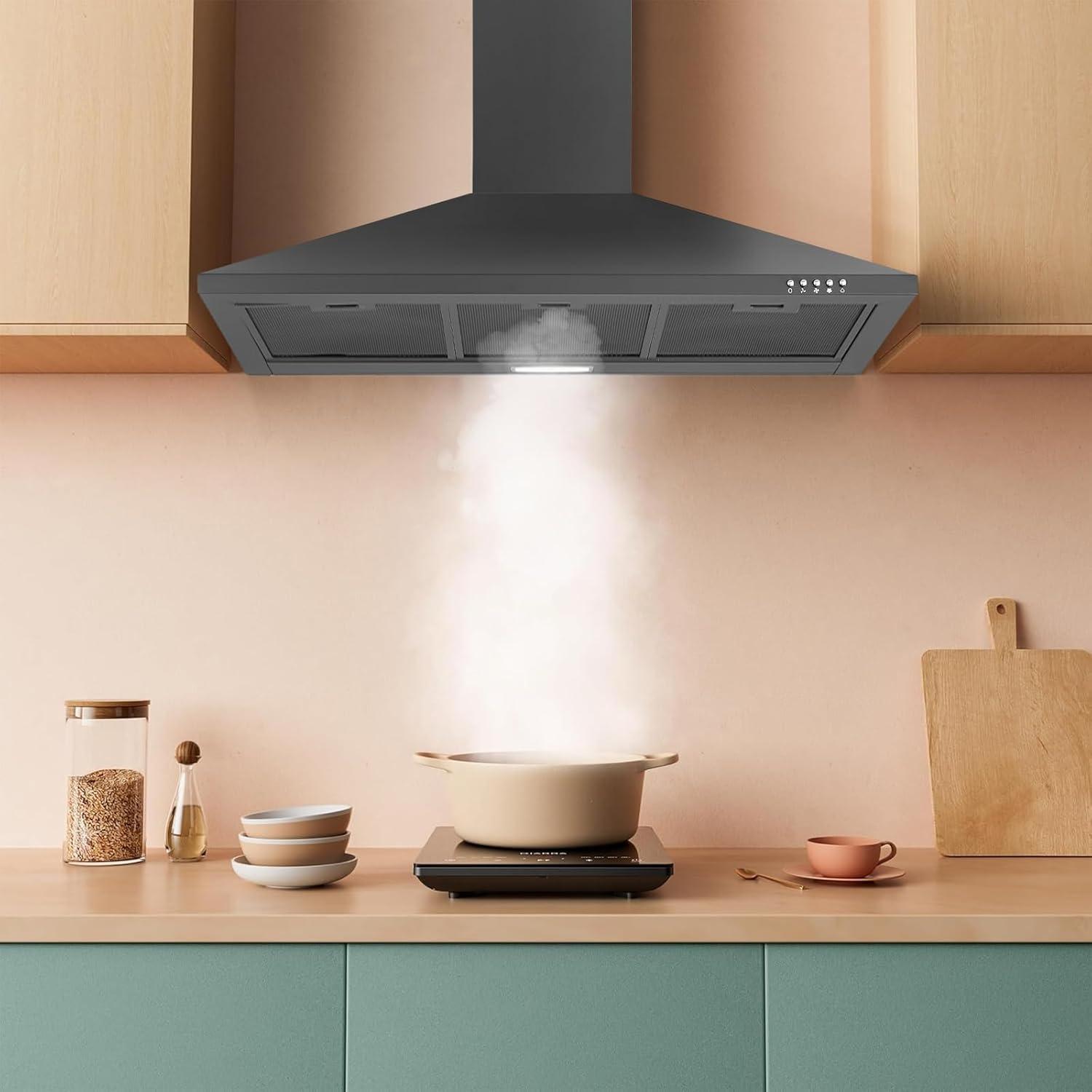 36 Inch Black Range Hood, 450 CFM Stainless Steel Wall Mount Kitchen Hood with Ducted Ductless Convertible, Button Control Over Stove Vent Hood with 3 Speed Noiseless Fan, LED Light (450CFM)
