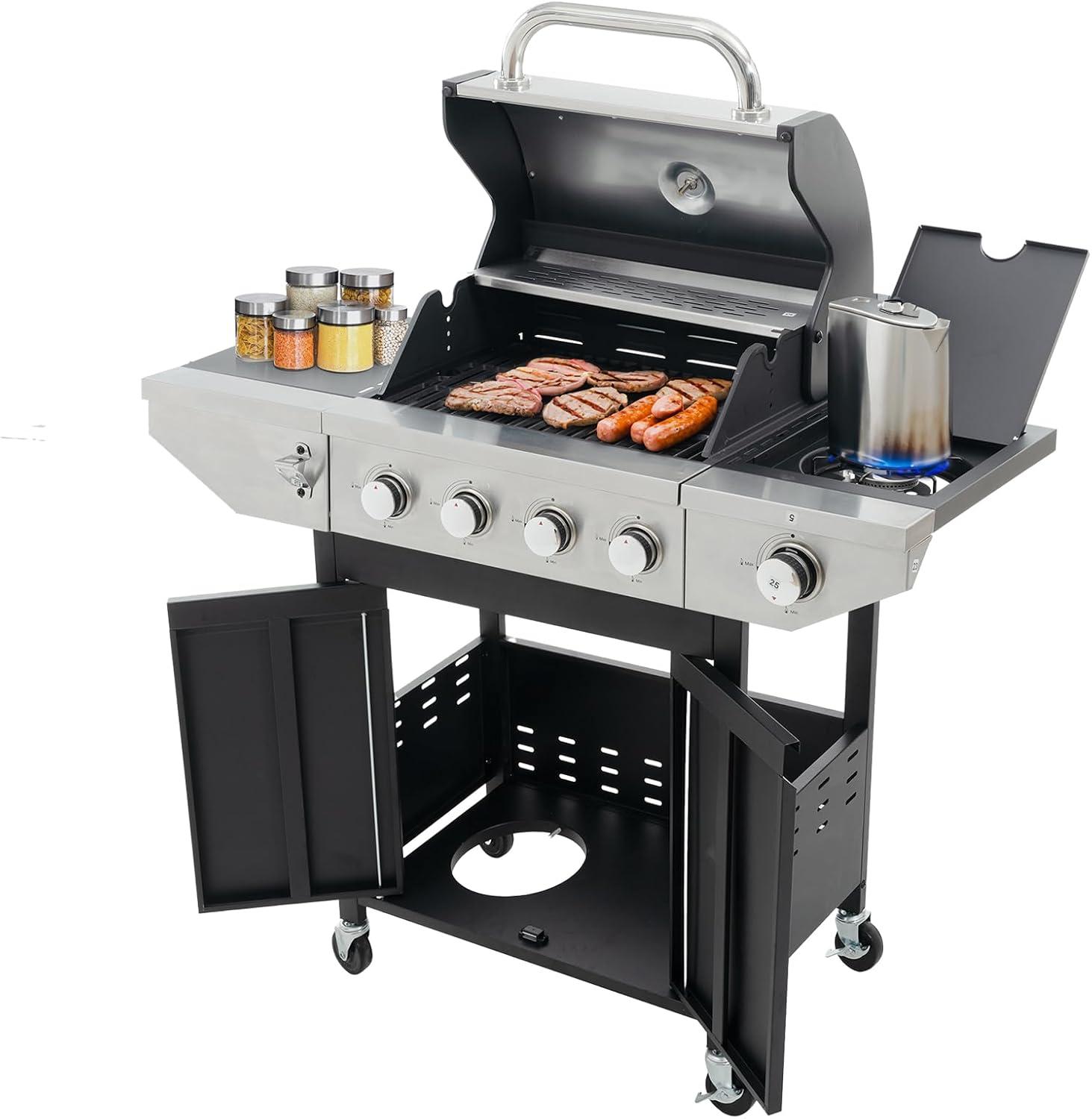 Stainless Steel 4-Burner Propane Gas Grill with Side Burner