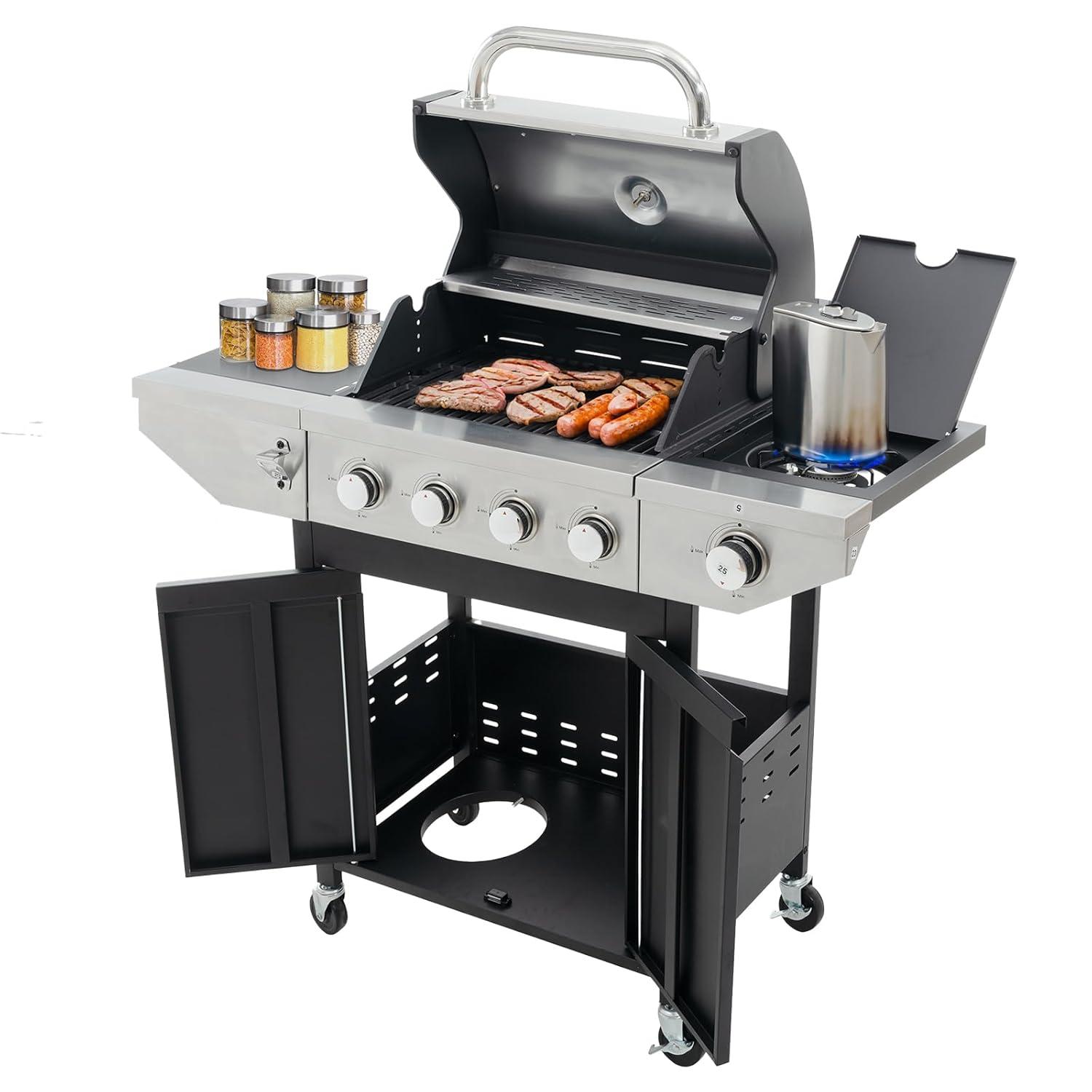 4-Burners Propane Gas Grill with Side Burner & Thermometer, Stainless Steel Propane Grill for Outdoor BBQ and Camping, Patio Backyard Barbecue, 42000 BTU Output