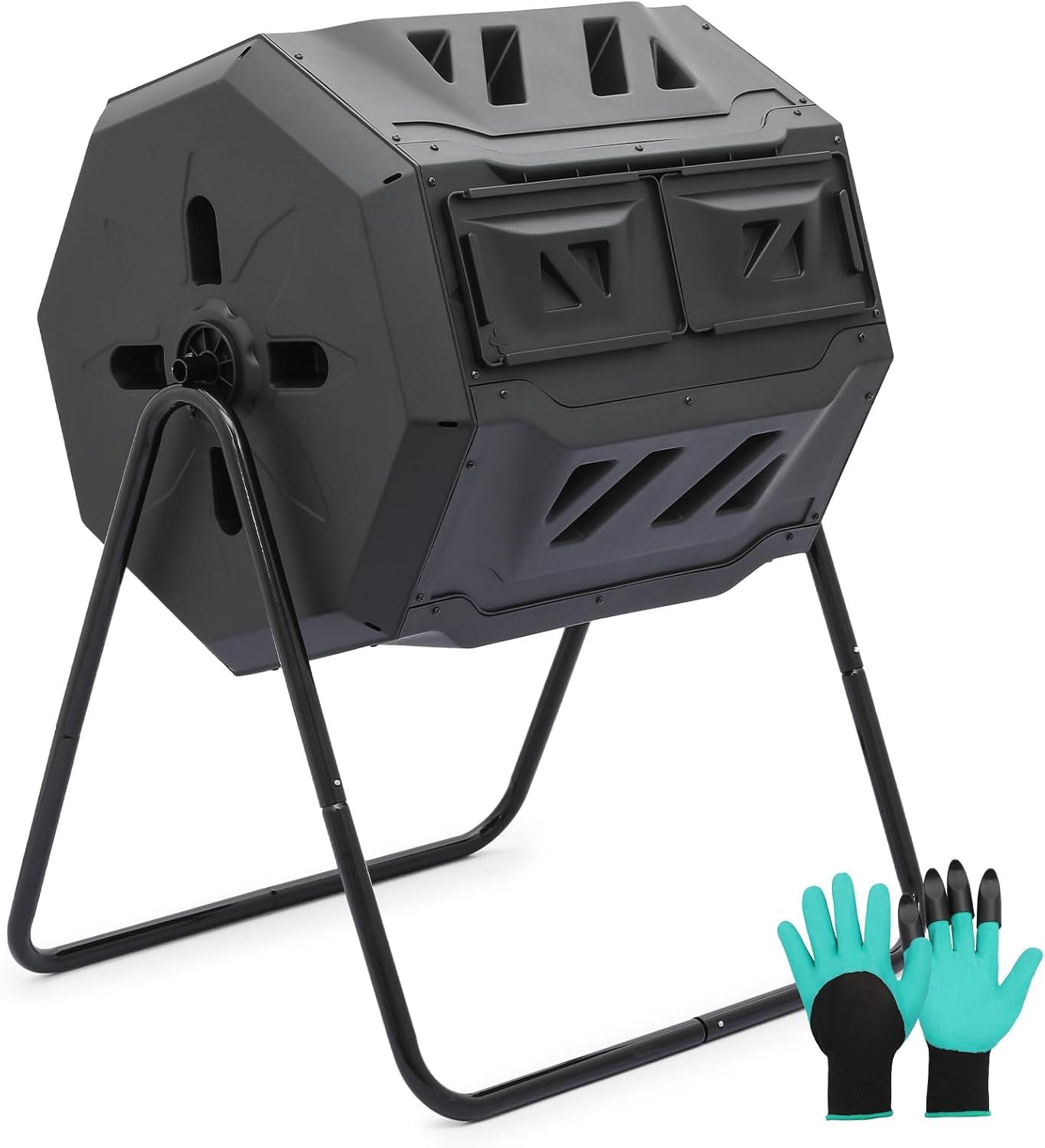 43 Gallon Dual Chamber Compost Tumbler, Tumbling Rotating Composter, with 2 Sliding Doors and Gloves