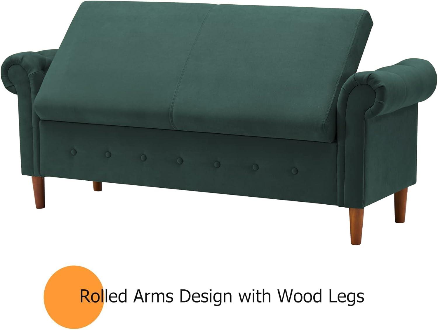 Olive Green Linen Rolled Arm Storage Bench with Wood Legs