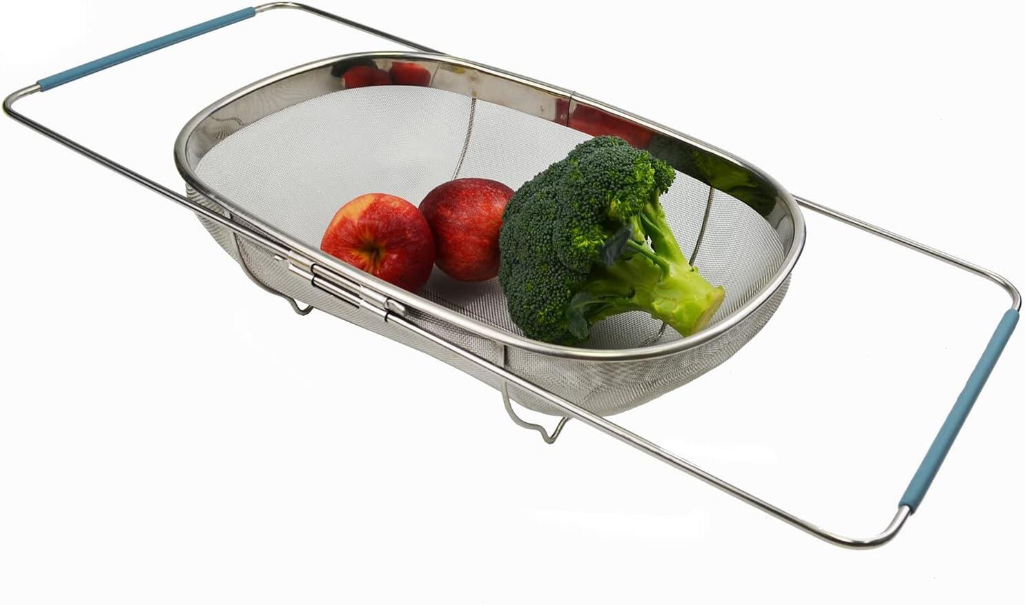 Expandable Stainless Steel Over-Sink Oval Colander with Rubber Handles