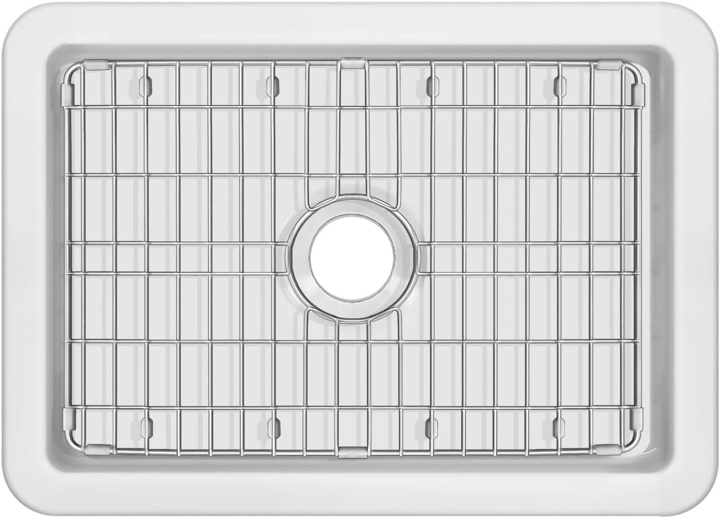 Glossy White Fireclay Drop-in Single Bowl Kitchen Sink with Stainless Steel Grid