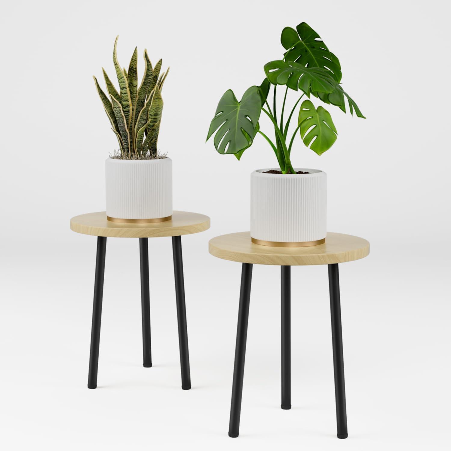 Plant Stand Indoor 2 Pack: Corner Wood 14 Inch Plant Stand Mid Century Modern Decor - Small Round Plant Table for Indoor Plants - Outdoor Plant Holder for Patio Living Room Bathroom Office (Burlywood)