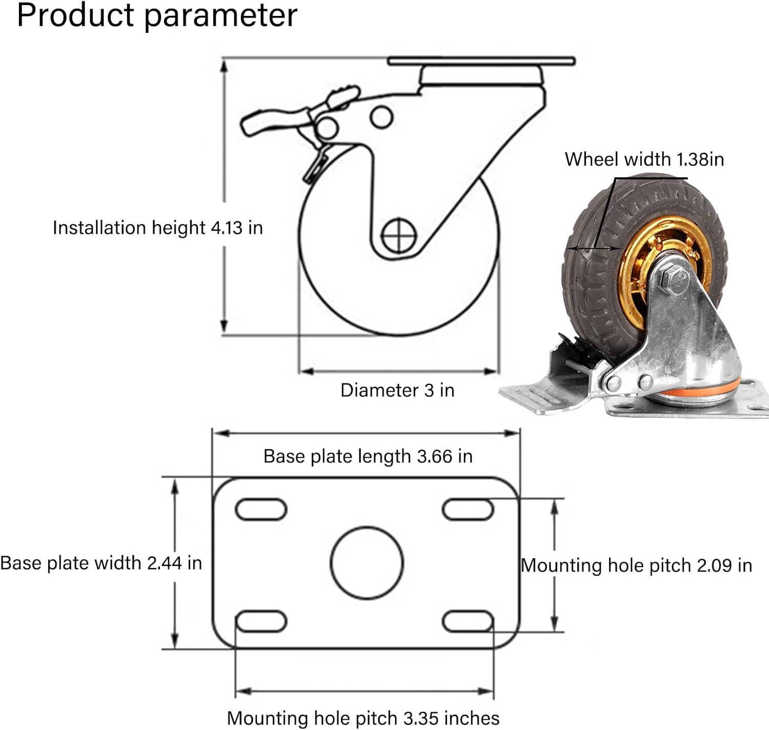 Ycvsad 3 inch Caster Wheels Heavy Duty casters Set of 4,Rubber Swivel Caster Quiet Anti-Skid with Brake 360 Degree Double Ball Bearing Castors(2PCS Fixed Caster Wheels 2PCS Swivel Casters with Brake)