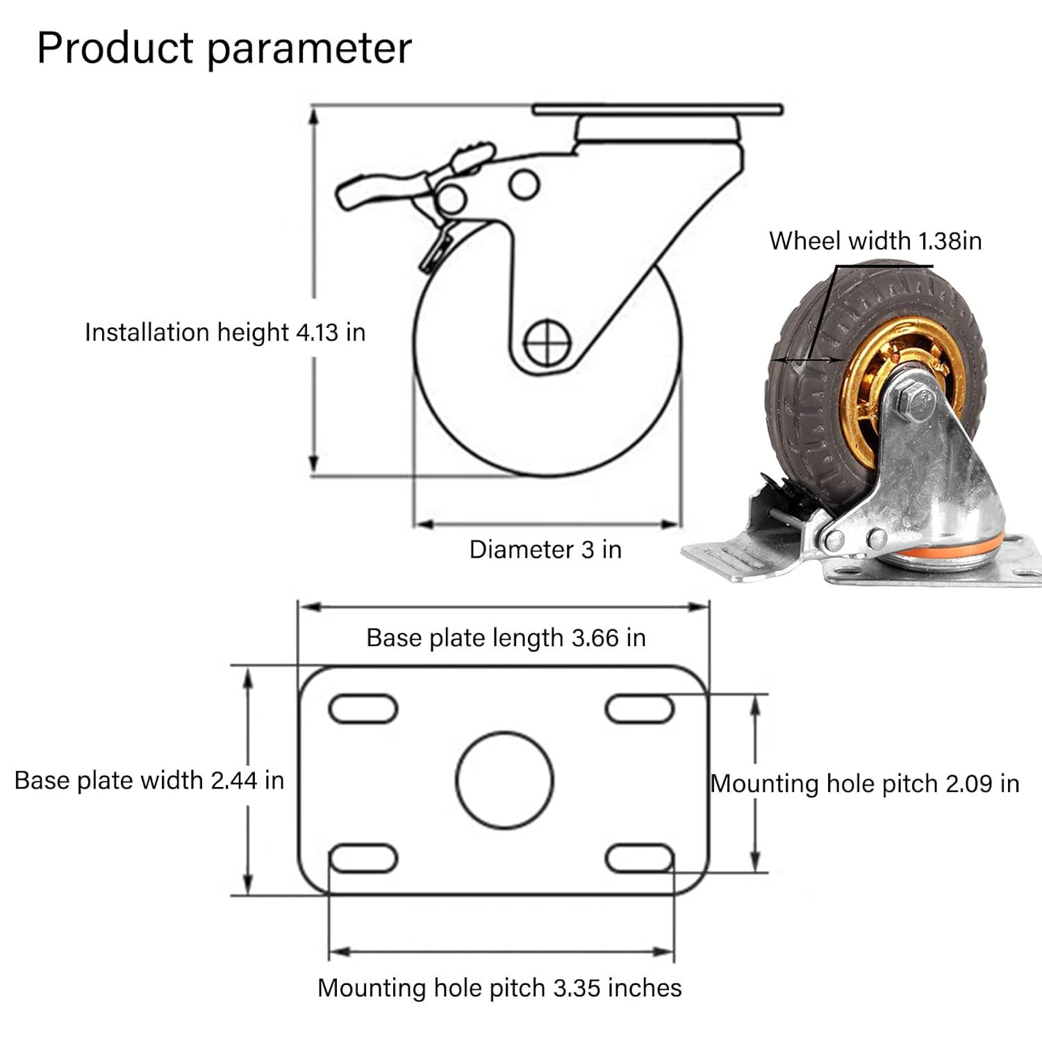 Ycvsad 3 inch Caster Wheels Heavy Duty casters Set of 4,Rubber Swivel Caster Quiet Anti-Skid with Brake 360 Degree Double Ball Bearing Castors(2PCS Fixed Caster Wheels 2PCS Swivel Casters with Brake)