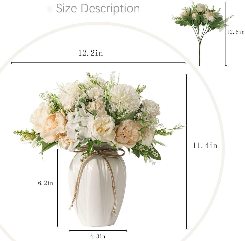 JARELING Peonies Artificial Flowers in Vase, Fake Hydrangea Silk Peony Flower Bouquet with Vase Faux Flowers Arrangement Decor Home Table Dining Room (White)