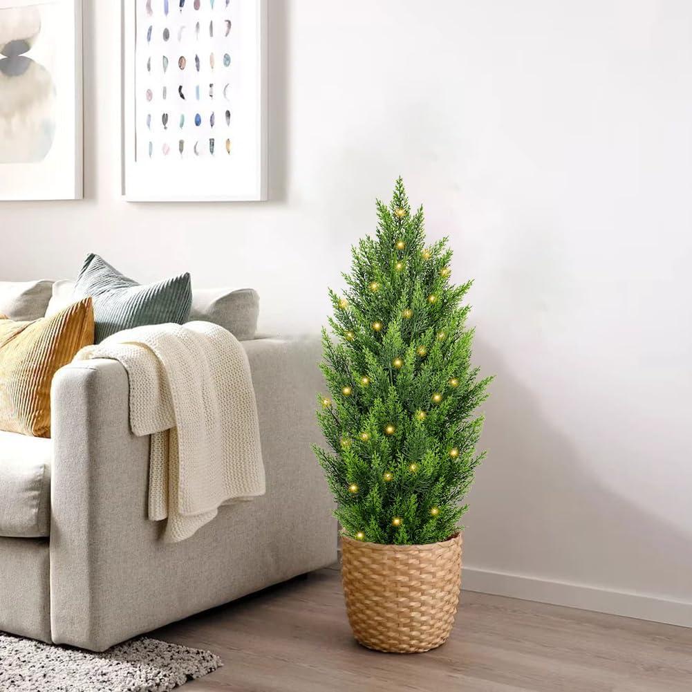 2 Pack 3ft Artificial Cedar Topiary Trees for Outdoors, Fake Cypress Plants with Solar Light String, Faux uv resistant Plants for Home Front Porch Decor, Housewarming Gift