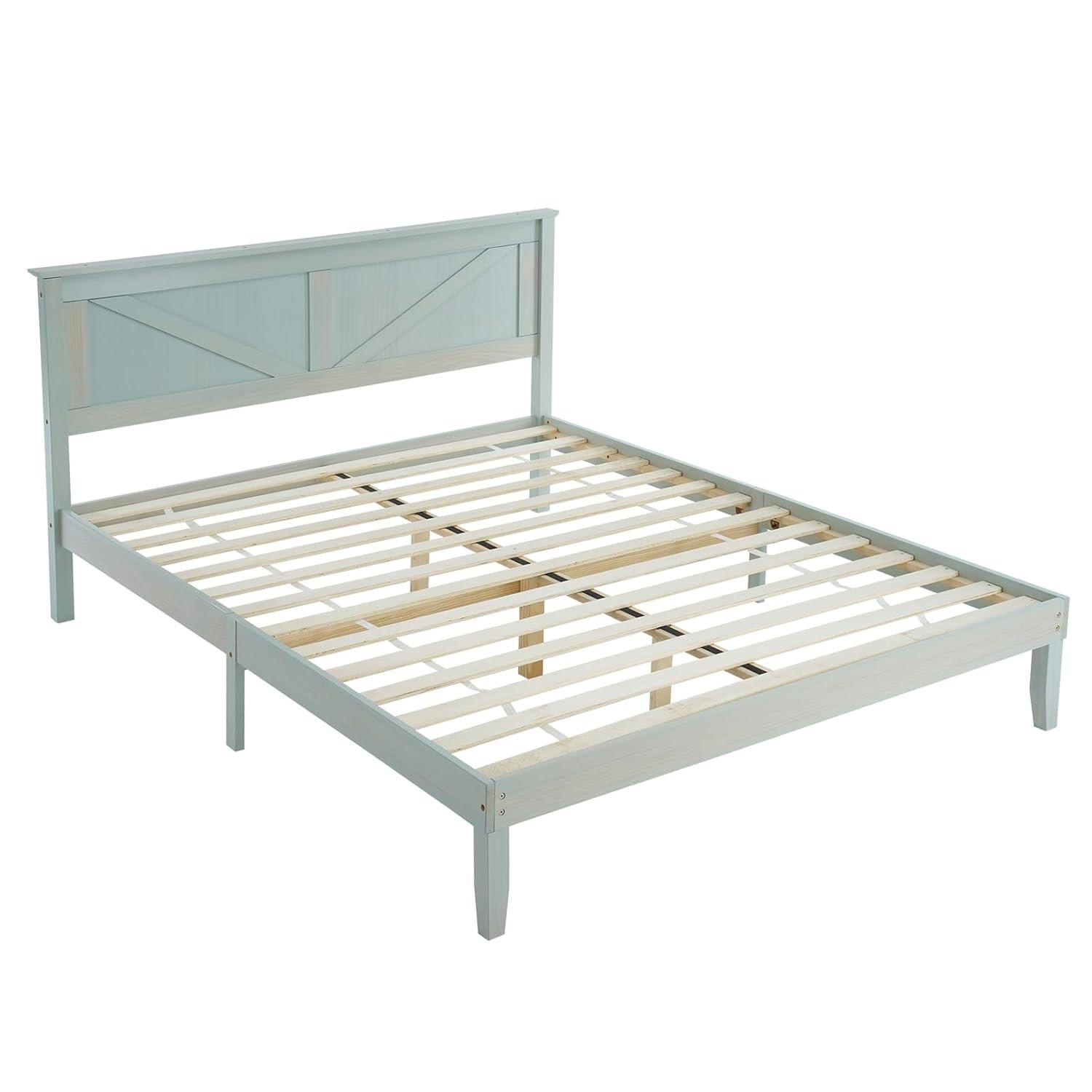 Gray Wood Bed Frame Queen Size Platform Bed with Headboard