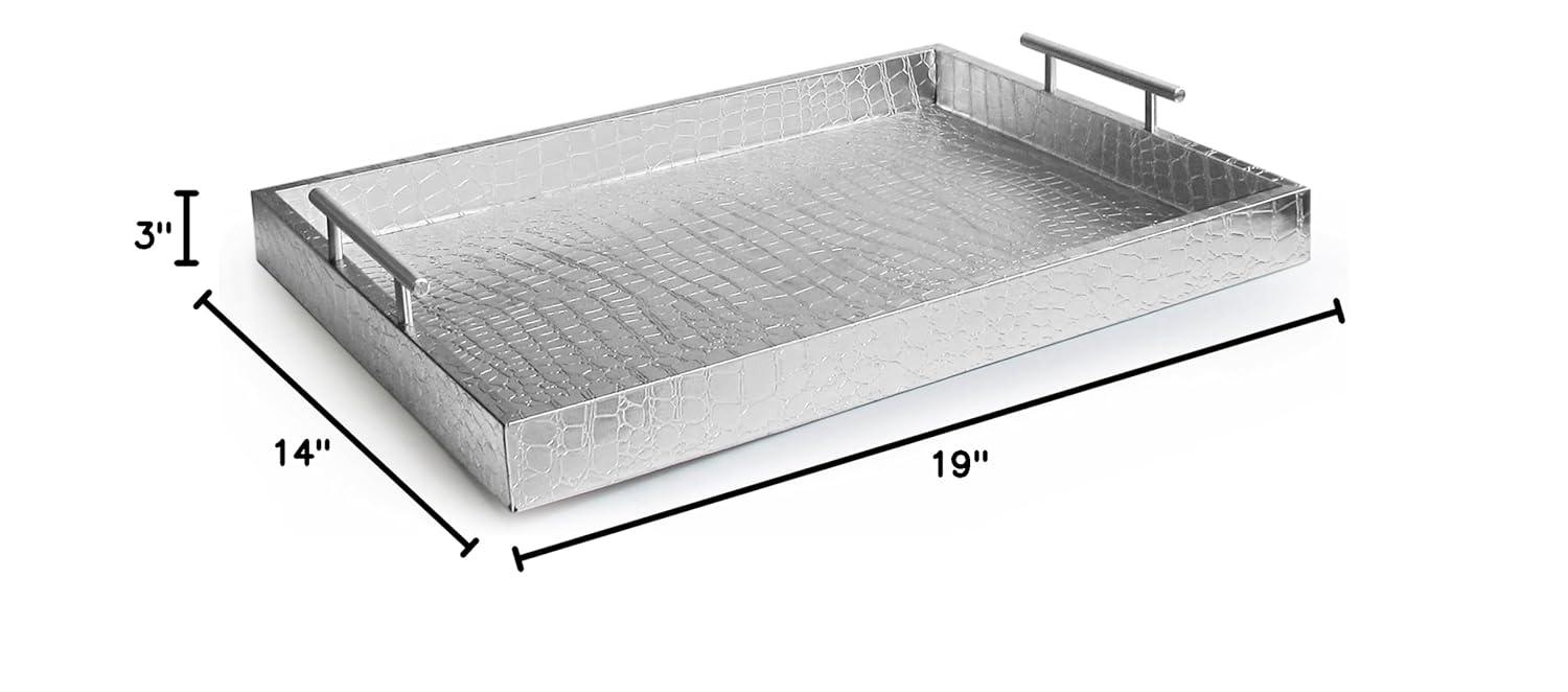 American Atelier, Silver Polyurethane Leather Alligator Rectangular Serving Tray with Handle, 14x19"
