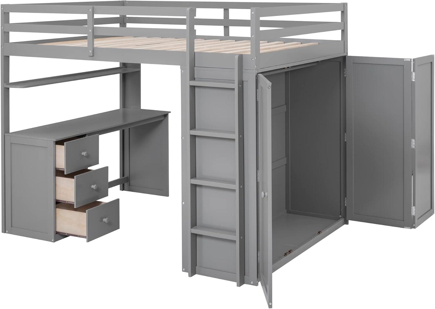 Loft Bed Full Size Adult, Wooden Frame with Desk and Wardrobe, Storage Design with Drawers & Shelf, for Teen Girls & Boys (Gray)