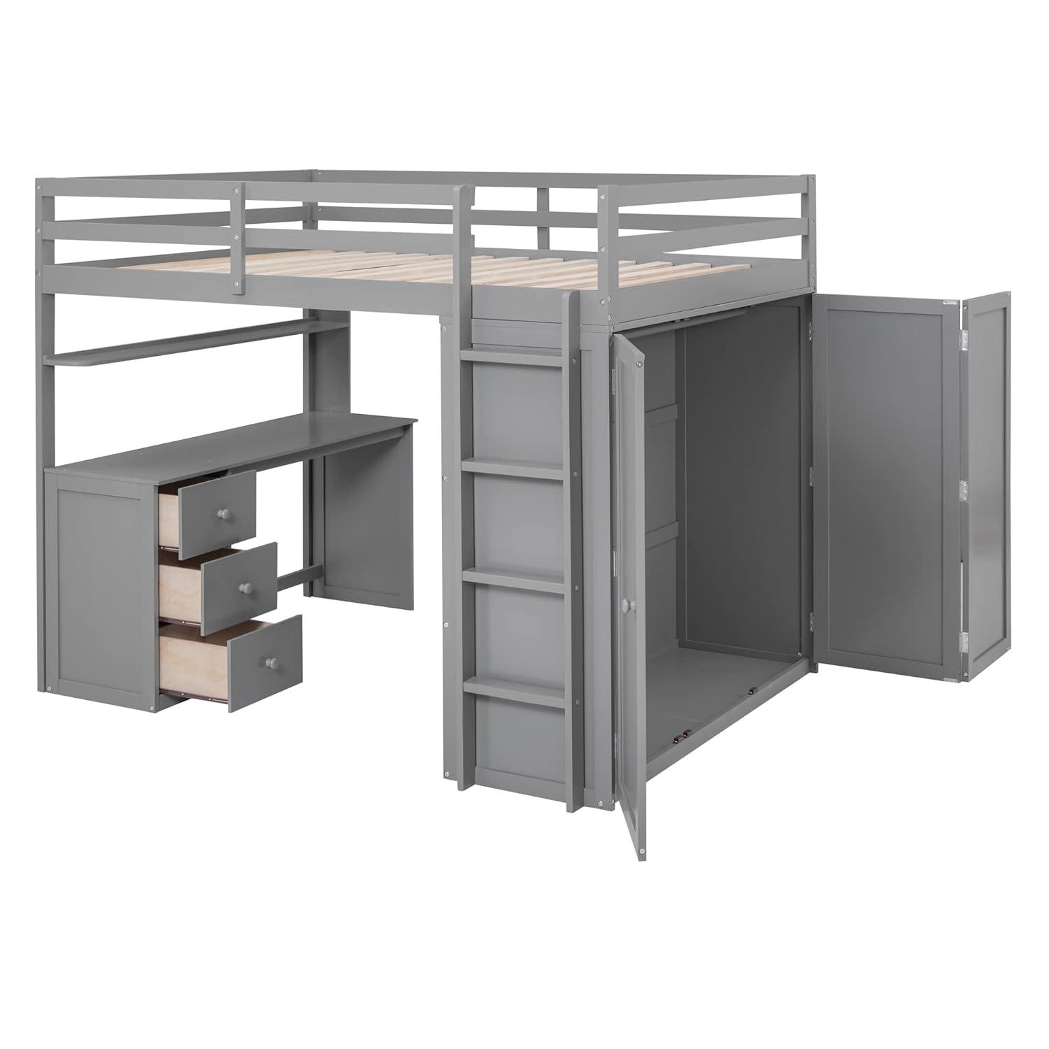 Loft Bed Full Size Adult, Wooden Frame with Desk and Wardrobe, Storage Design with Drawers & Shelf, for Teen Girls & Boys (Gray)
