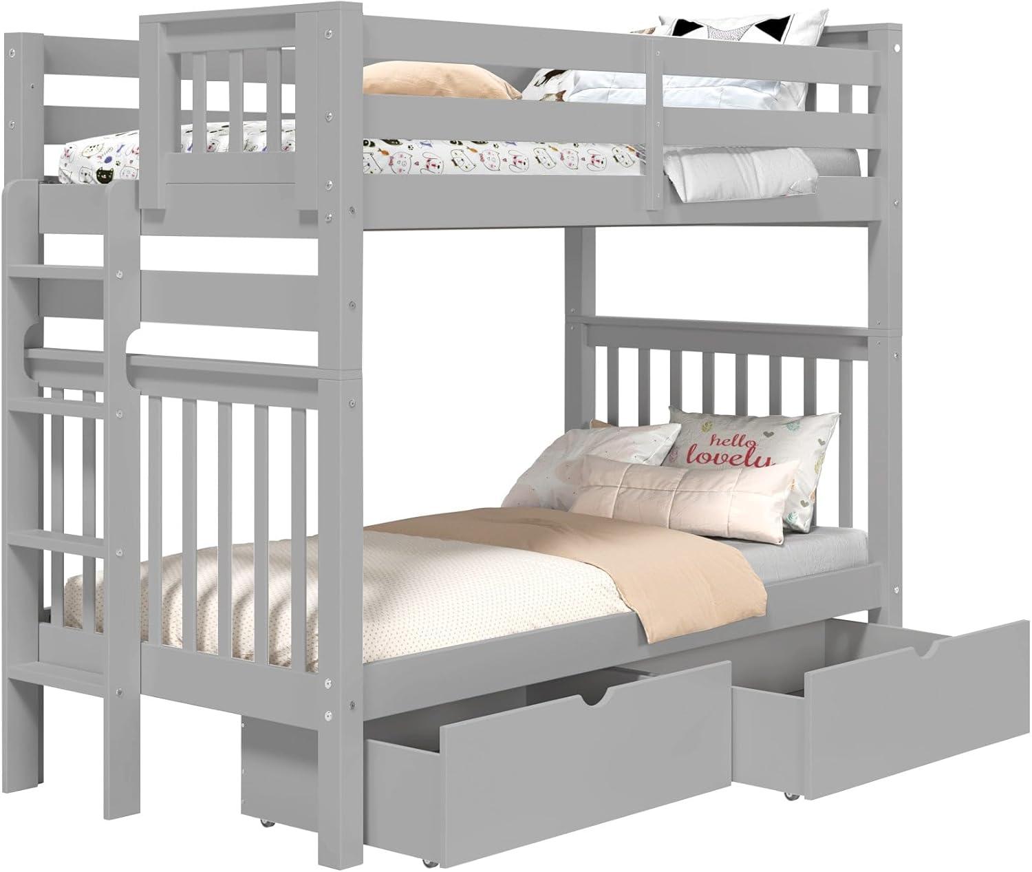 Bedz King Tall Bunk Beds Twin over Twin Mission Style with End Ladder and 2 Under Bed Drawers, Gray