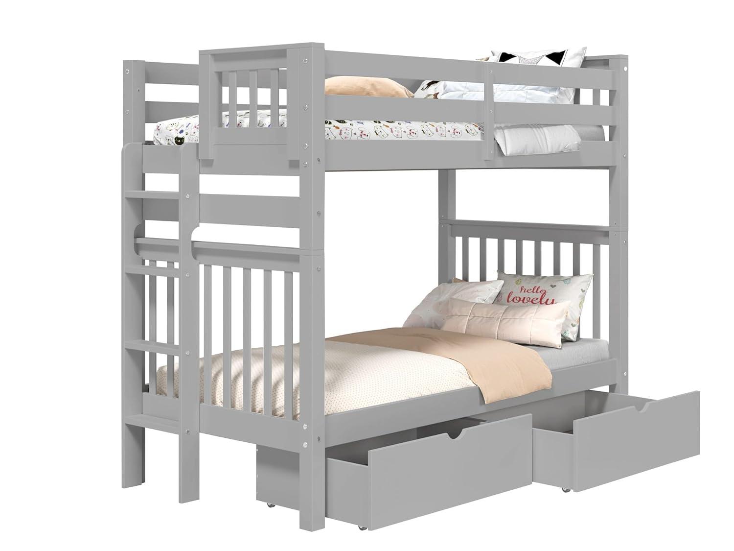 Bedz King Tall Bunk Beds Twin over Twin Mission Style with End Ladder and 2 Under Bed Drawers, Gray