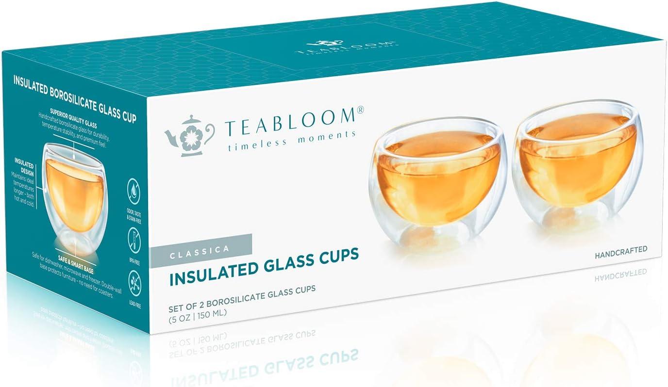 Teabloom Double Walled Cups (5 oz / 150 ml) – Set of 2 Insulated Glass Cups for Tea, Coffee, Espresso, and More – Classica Teacups Collection