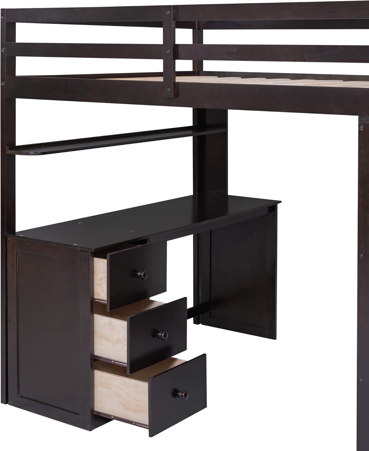 Loft Bed Full Size Adult, Wooden Frame with Desk and Wardrobe, Storage Design with Drawers & Shelf, for Teen Girls & Boys (Gray)