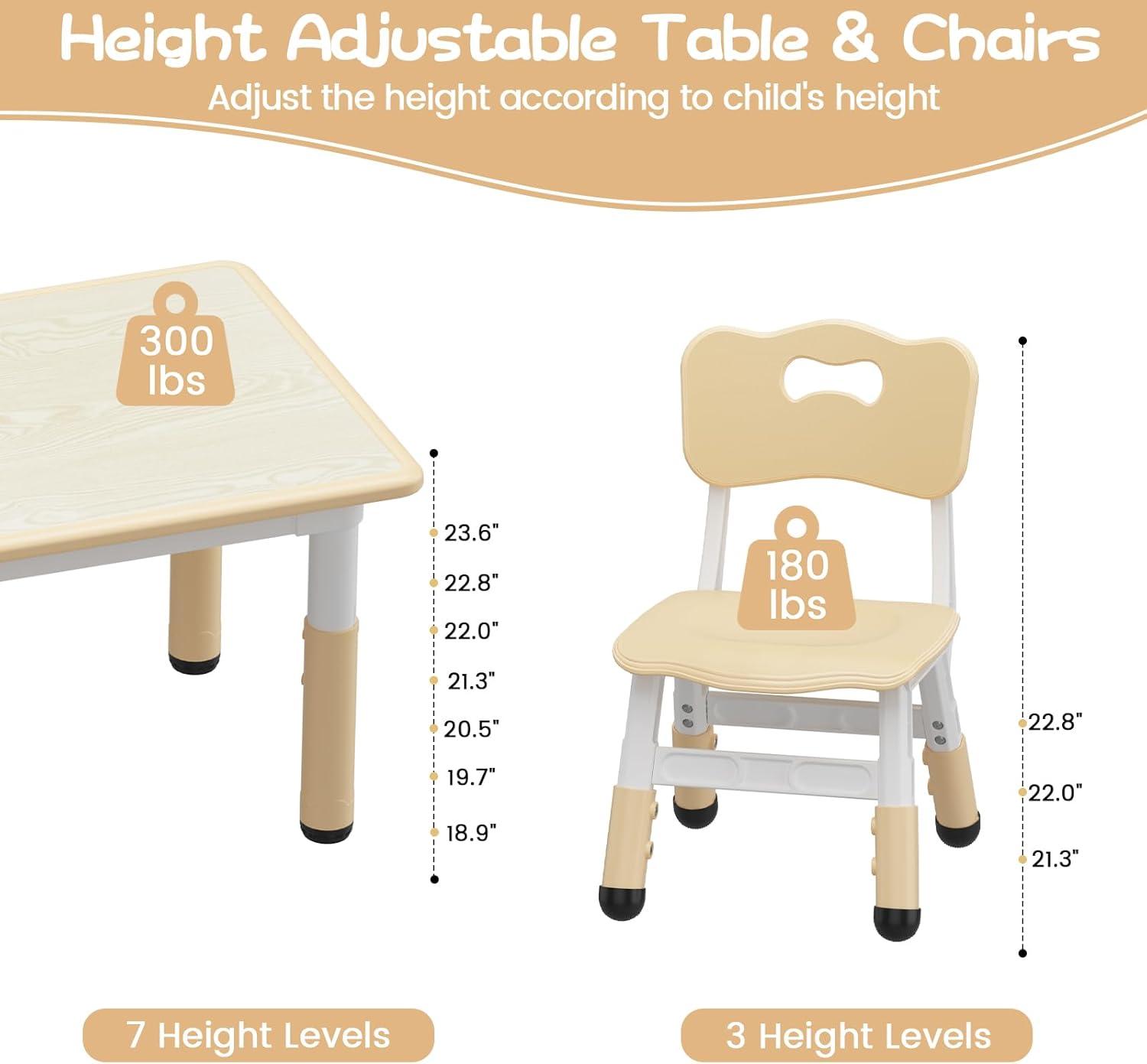 Brelley Kids Table and 6 Chairs Set, Height Adjustable Toddler Desk and Chair Set, Graffiti Desktop, Classroom/Daycare/Home, Children Multi-Activity Table for Ages 2-8