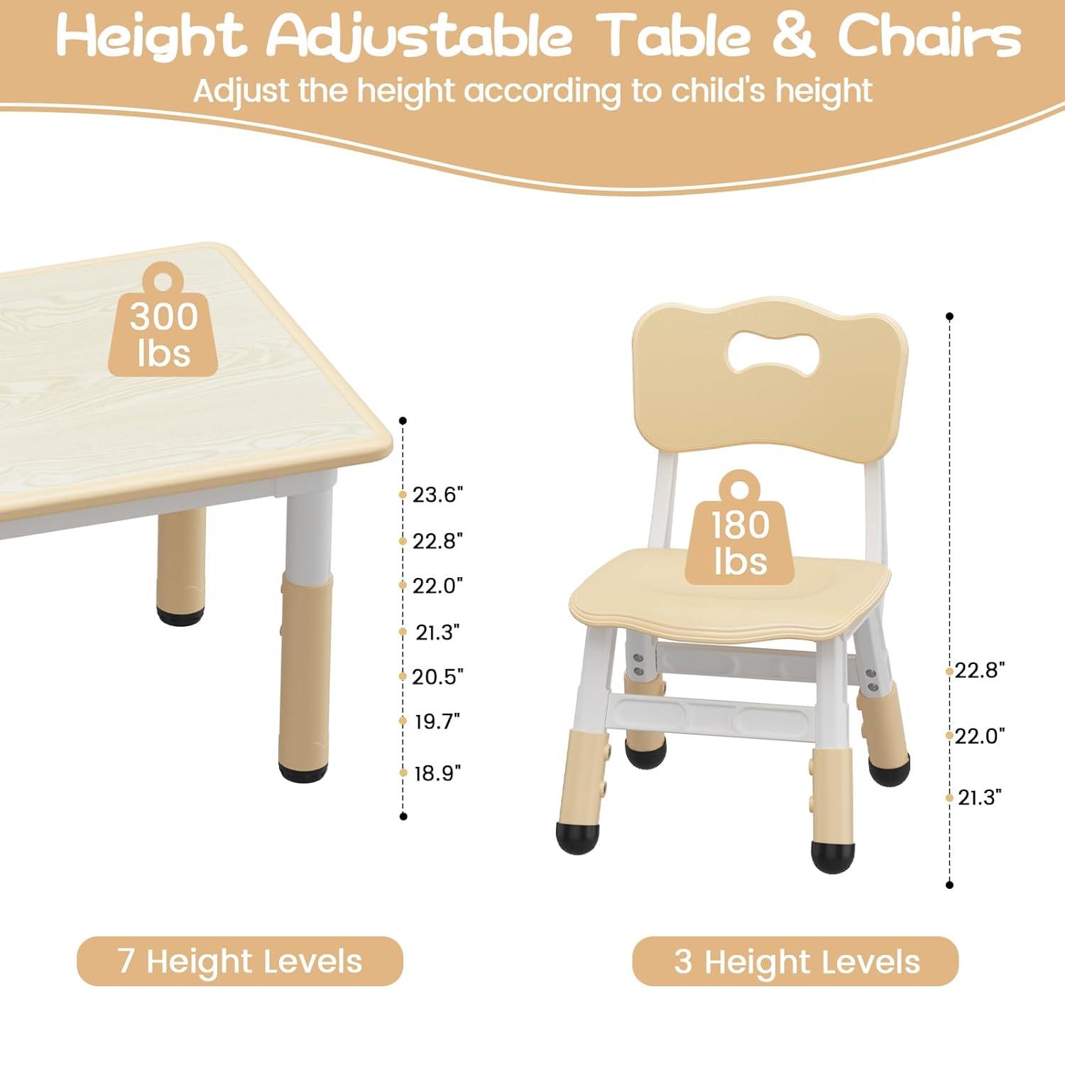 Brelley Kids Table and 6 Chairs Set, Height Adjustable Toddler Desk and Chair Set, Graffiti Desktop, Classroom/Daycare/Home, Children Multi-Activity Table for Ages 2-8