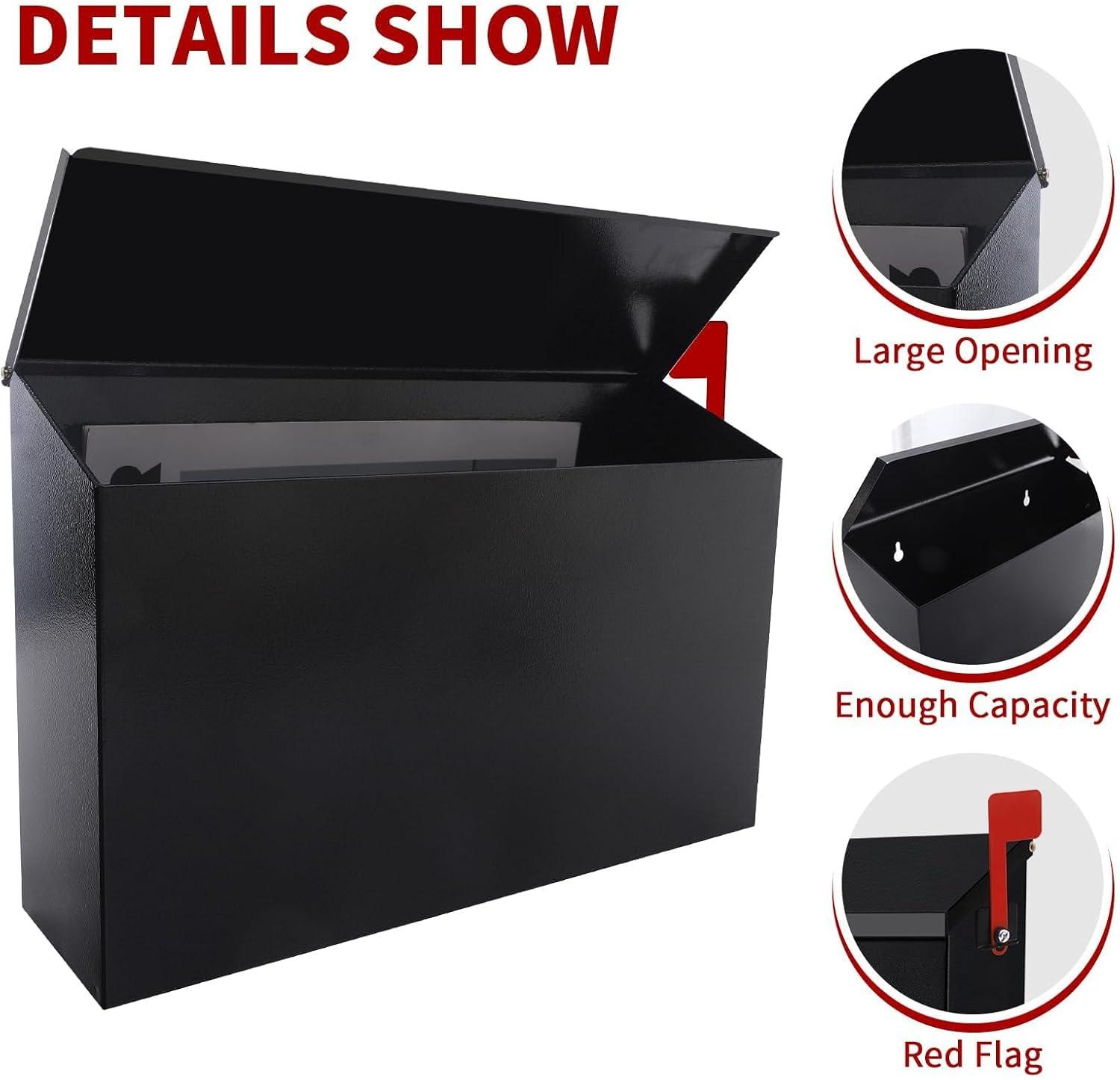 Wall-Mount Mailbox with Flag Metal Mail Box for Outside Large Capacity Rust-Proof Post Box for House Use, 14.2” x 4” x 9.5”, Black