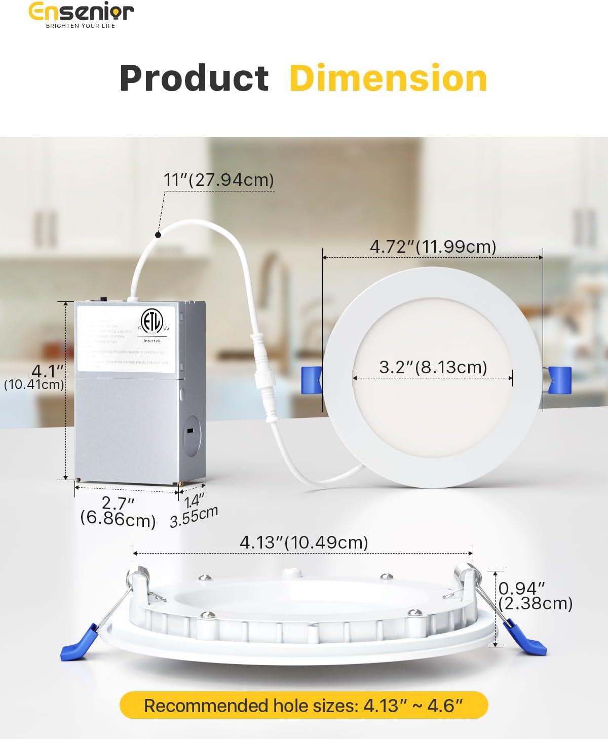 Ensenior 12 Pack 4 Inch Ultra-Thin LED Recessed Ceiling Light with Junction Box, 3000K/4000K/5000K Selectable, 9W 75W Eqv, Dimmable, 750LM High Brightness - ETL and Energy Star Certified 4 Inch 5000k/4000k/3000k - 3cct White