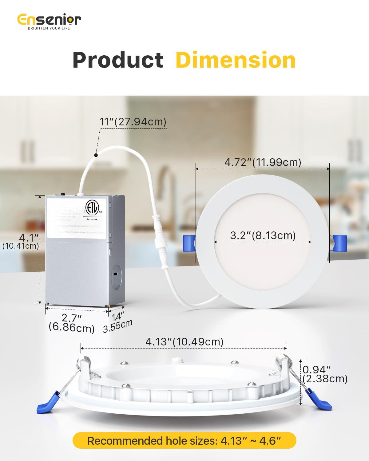 Ensenior 12 Pack 4 Inch Ultra-Thin LED Recessed Ceiling Light with Junction Box, 3000K/4000K/5000K Selectable, 9W 75W Eqv, Dimmable, 750LM High Brightness - ETL and Energy Star Certified 4 Inch 5000k/4000k/3000k - 3cct White