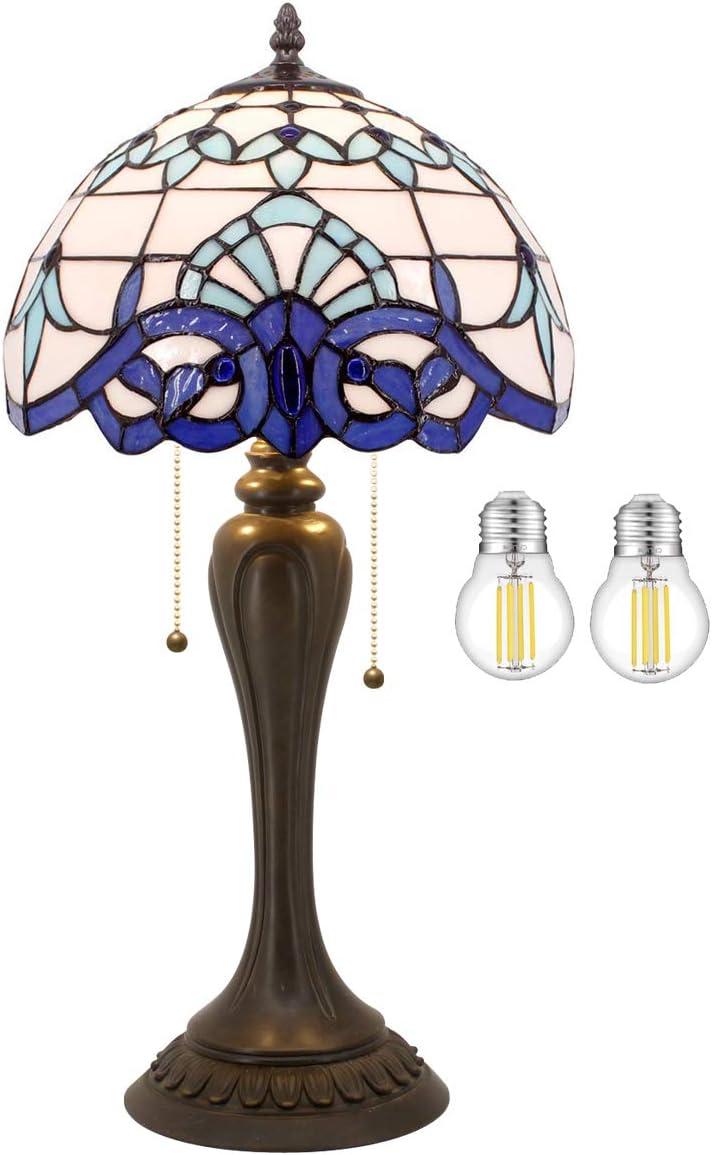 WERFACTORY Tiffany Table Lamp Navy Blue Baroque Stained Glass Style Desk Bedside Reading Light 12X12X18 Inches Decor Bedroom Living Room Home Office S003B Series